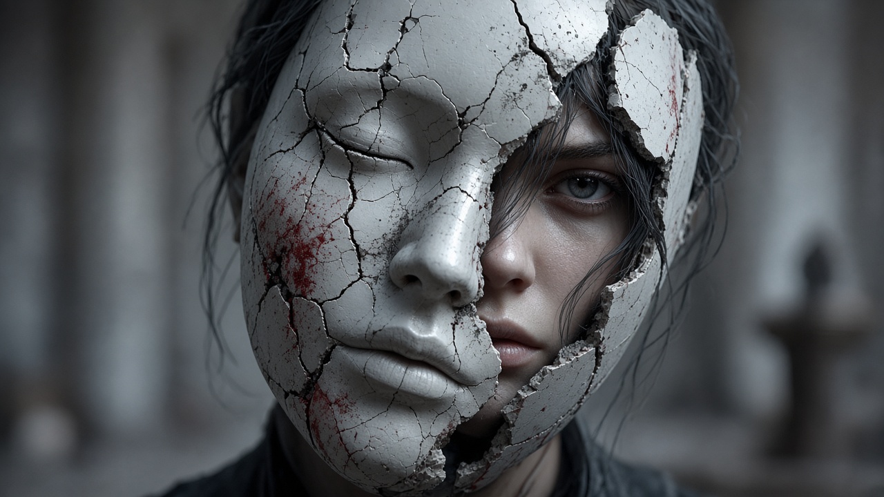 A ceramic mask cracking apart in cold silver light